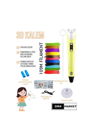 Sarı 3D Kalem 3D Pen Yazıcı Kalem – 20 Adet 5 Metrelik PLA Filament (Toplam 100M) + USB Kablo