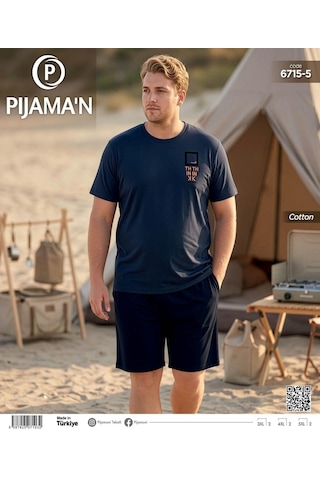 Pijamoni Erkek Battal Bisiklet Yaka Kısa Kol Şortlu Pijama Takımı 6715/5 - 1 Adet Lacivert