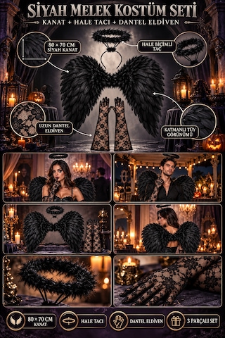Halloween Siyah 80x70 Melek Kanadı Haleli Melek Tacı Uzun Dantel Eldiven 3'lü Kostüm Seti Cadılar Bayramı