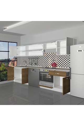 Decoraktiv Elite 280y Ank Mdf Hazır Mutfak Dolabı - Tezgah Dahil - Naturel Pera Beyaz - Meşe