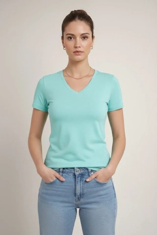 Butik İstanbul T-shirt V Yaka Slim Fit Likralı Tişört Günlük Basic Body - Turkuvaz Turkuaz