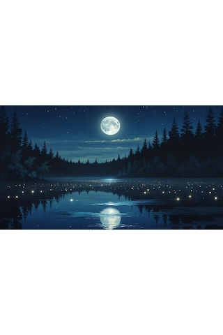 Doğa Ve Manzara Yatay Sakin Bir Gölün Üzerinde Parlayan Dolunay Suda Yansıyan Yıldızlar 02 Çerçevesiz 90x60cm Pvc Tablo