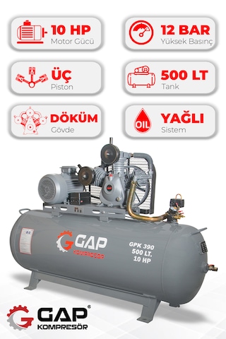 Gap Kompresör Gpk 390 Hava Kompresörü Pistonlu 500 Lt 3 Kafa 12 Bar 10 Hp