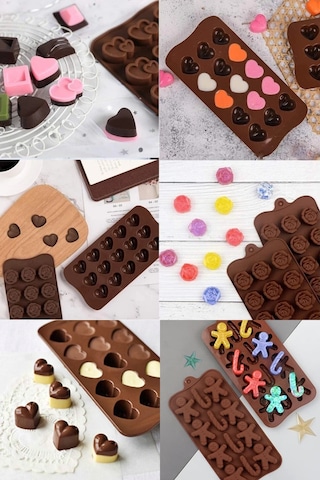 Tilbe Home 6'lı Silikon Dubai Çikolata Kalıbı Çok Figürlü Mini Jelibon Şekilli Buzluk Dondurma Kalıp Kahverengi