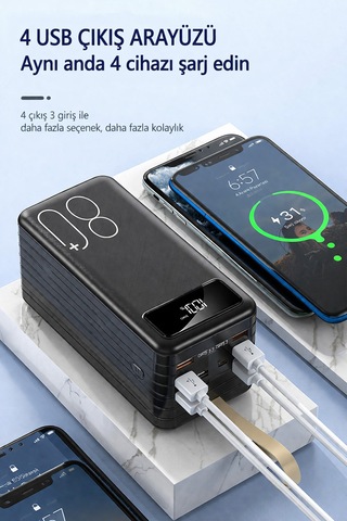 Exenar - Siyah - 80.000mah Powerbank Kamp Led Işıklı Kendinden Kablolu Powerbank 4xusb-1typec-1lightning Giriş