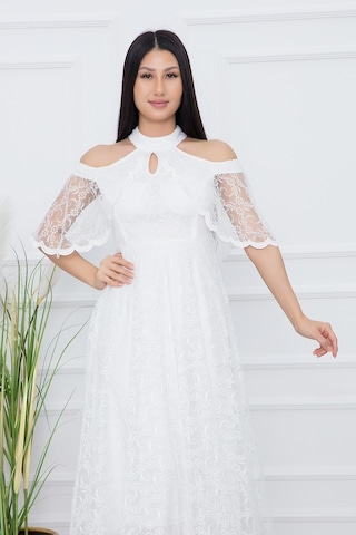 Kalopya Omuz Detay Uzun Dantel Abiye Elbise 13328 Ekru