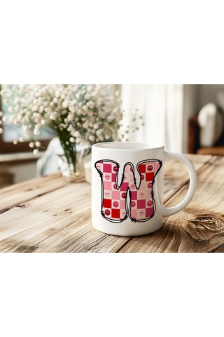 W Harfi Pembe Kareli Kalpli Göz Emojili Kupa Bardak Eğlenceli Kareli Tasarım Kahve Çay Kupası 07 Beyaz