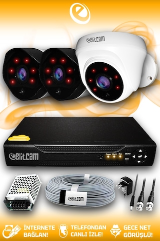Elitcam 3 Kameralı Uzay 1 İç Kamera Set HDD'siz Full HD Gece Görüşlü Güvenlik Kamerası Sistemi