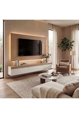 Purelıne Ledli Duvar Tv Ünitesi 140 Cm Meşe Beyaz Beyaz-meşe 140 Cm