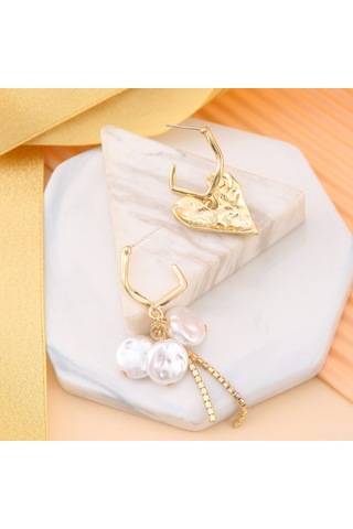 Moveevo Asimetrik Gümüş Kalp Modeli Barok Inci Tassel Küpe, Günlük Ve Bayram Giyimleri İçin Şık Dekoratif Aksesuar Gold