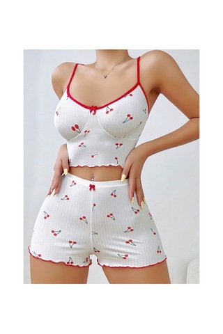 Mr Owl Kadın Beyaz Vişne Desenli Dantel Askılı Şortlu Pijama Takımı