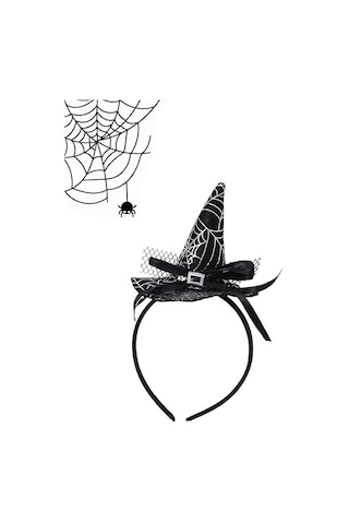 Halloween Şapkalı Cadı Taç Siyah Beyaz Örümcek Desen Genel