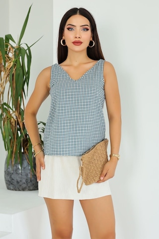 Lupinn Moda Kadın Turkuaz Beyaz Ekose Desenli V Yaka Arkası Çapraz Askılı Kolsuz Bluz Yeşil