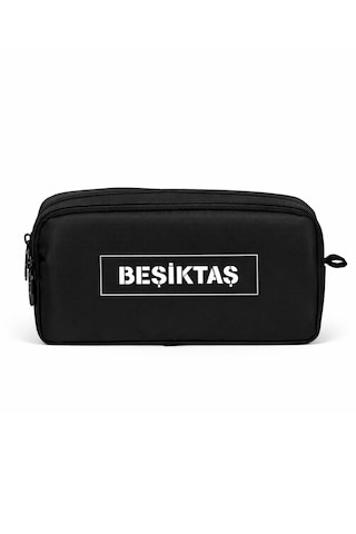 Beşiktaş Lisanslı Çift Bölmeli Siyah Paraşüt Kumaş Kalemlik - Serigraf Yazı Baskılı Kalem Kutusu