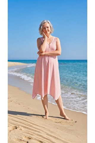 Byemelika %100 Pamuk, Bürümcük, V Yaka, Düğme Detay, Cepli, Bohem Elbise Pembe-ekru Çizgili Pembe Çizgili