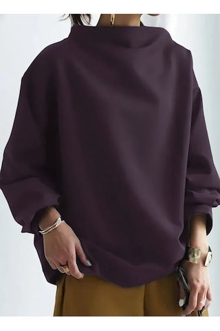 Tua Moda Kadın Uzun Kollu Geniş Balıkçı Yaka Modal Mürdüm Bluz Bordo