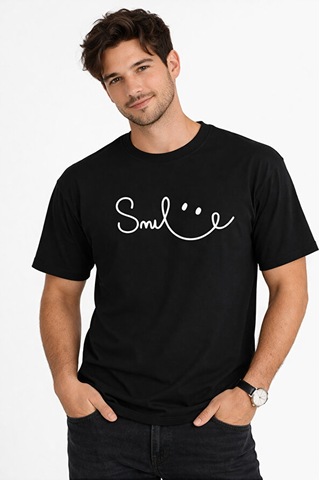 Nevermind Unisex Tişört Smile Baskılı Basic Oversize Günlük Rahat Siyah