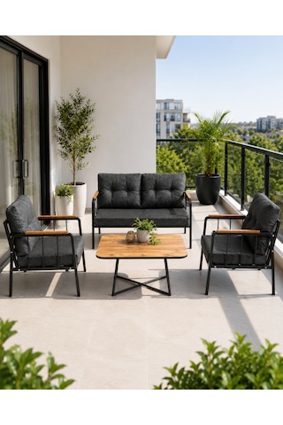 Liva Bahçe Balkon Oturma Grubu - 2+1+1 Takım + Sehpa - Siyah Metal İskelet Antrasit