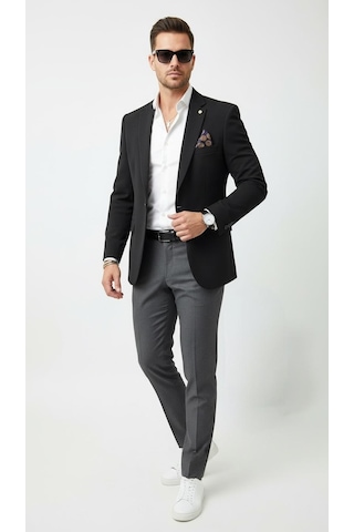 Plus Scorpion Erkek Lacivert Mono Yaka Likralı Blazer Ceket Esnek Konfor Kumaş, Tek Düğmeli Slim Fit Siyah