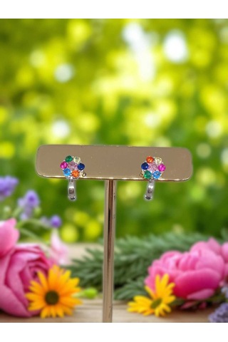 925 Ayar Gümüş Rengârenk Taşlı Çiçek Model Küpe Canlı Ve Neşeli Tasarım Gümüş