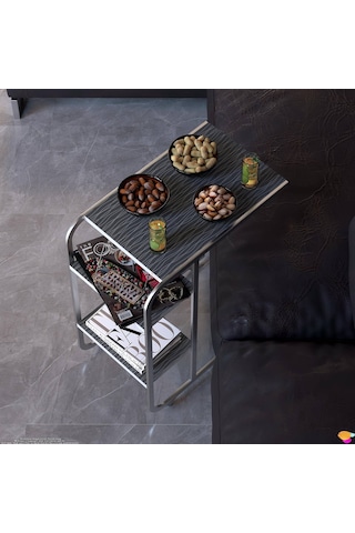 Modilayn C Yan Sehpa Dar Boy Tekerlekli Çalışma, Atıştırmalık, Yemek, Laptop Sehpası Siyah Çizgili Siyah