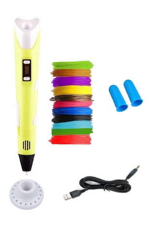 Sarı 3D Kalem 3D Pen Yazıcı Kalem – 10 Adet 5 Metrelik PLA Filament (Toplam 50M) + USB Kablo