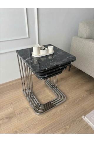 4 Lü Tekerlekli Zigon Sehpa Krom - Siyah Carrara