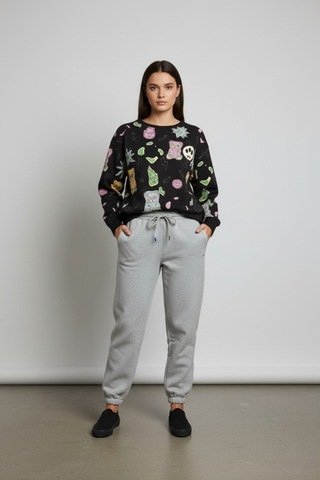 The Kadın Eğlenceli Baskılı %100 Pamuk 3 İplik Şardonsuz Sweatshirt - Bisiklet Yaka Basic Üst Siyah