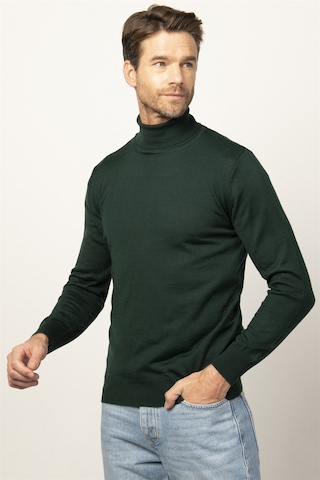 Tudors Slim Fit Dar Kesim Tam Boğazlı Yaka Düz Yün Erkek Kazak-25723 Yeşil