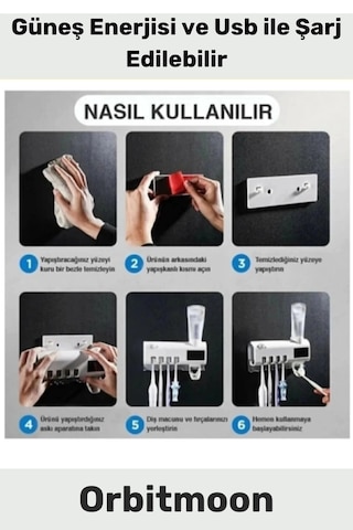 Yeni Seri Güneş Enerjili Usb Şarjlı Diş Macun Sıkacağı Sterilizatörlü 4 Adet Diş Fırçalığı Tutucu Çok Renkli