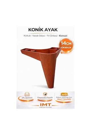 İmt Aksesuar Konik 14 Cm Ceviz Mobilya Ayağı Robot Süpürgeye Uyumlu Koltuk Tv Ünitesi Konsol Ayağı Kahverengi