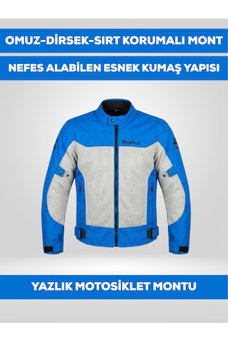 Revertech Mavi-beyaz Yazlık Fileli Motosiklet Montu Ce Korumalı Nefes Alan Hafif Mont