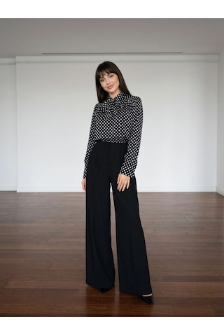 Pera Moda Puantiye Desenli Paris Fularlı Gömlek Siyah - Beyaz