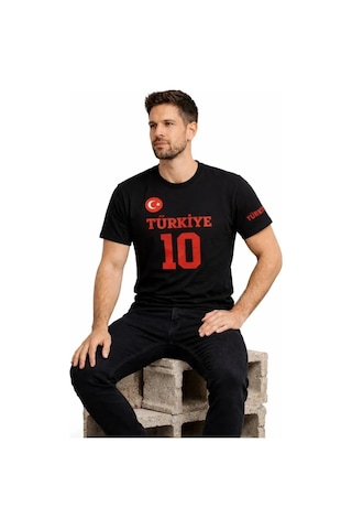 Valensdesign Erkek Türkiye Ay Yıldız Baskılı 10 Numara Forma Tişört Taraftar T-shirt - Siyah