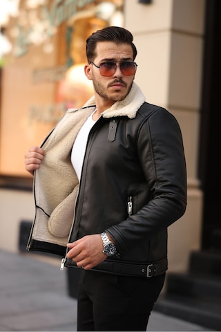 Erkek Napa Deri Içi Full Kürklü Yüksek Kalite Slim Fit Siyah-krem Mont & Ceket Siyah - Krem