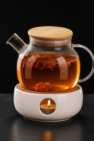Isıya Dayanıklı Borosilikat Süzgeçli Cam Demlik 900ml Vakumlu Bambu Kapak, Demlik Şeffaf