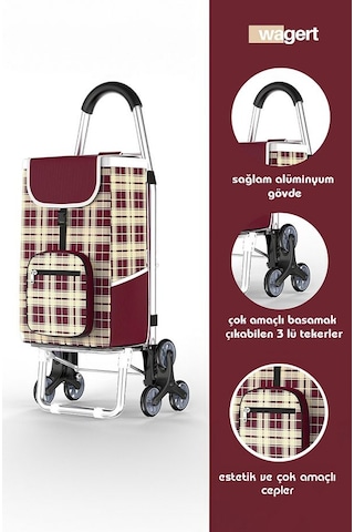 3 Tekerlekli Katlanır Desenli Alüminyum Pazar Arabası Su Geçirmez Kırmızı