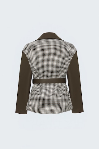 Sateen Kazayağı Desenli Deri Garnili Ceket - Kahve-138085