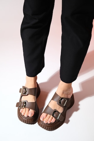 Luvishoes Joanes Kahve Cilt Hakiki Deri Çift Bantlı Kadın Dolgu Taban Terlik Kahverengi