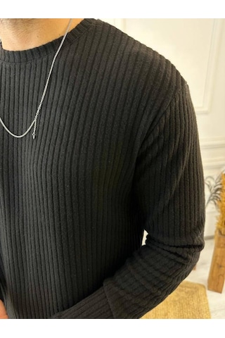 Uzun Kollu Tişört Fitilli Bisiklet Yaka Yumuşak Dokulu Tüylenmez Pamuklu Kazak Sweatshirt Siyah