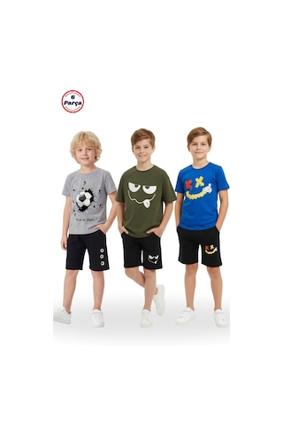 Fyk Kids 3'lü Yuvarlak Yaka Baskı Detaylı Erkek Çocuk 6 Parça Alt Üst Takım Gri-haki-sax