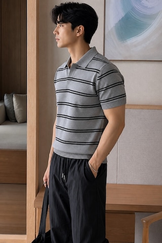 Tarz Cool Erkek Çizgili Polo Yaka Viskon Triko Tişört Slim Fit Yazlık Şık Triko Polo Gri