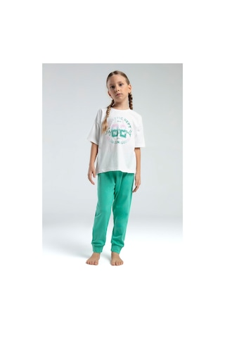 Toontoy Kız Çocuk Önü Baskılı Pijama Takım 14098 Yeşil