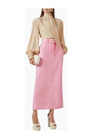 Rowen Rose Oversized Bow - Neck Blouse, Lüks Georgette Yüksek Yakalı Şık Balon Kollu Bluz Bej