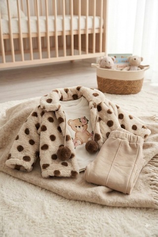 Ahengim Minik Ayıcık Baskılı Puanlı Yumuşak Dokulu Peluş Montlu 3 Lü Kız Bebek Set Takım Ak8534 Bej