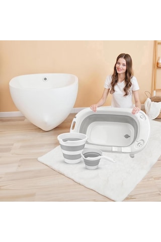 Omnipazar Ak-779 Katlanır Bebek Yıkama Banyo Küvet 3'lü Set Beyaz-gri