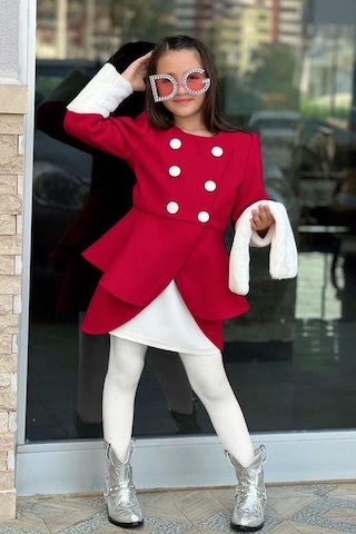 Riccotarz Kız Çocuk Kol Uçları Peluş Detaylı Kırmızı Kaşe Kabanlı Takım Kırmızı