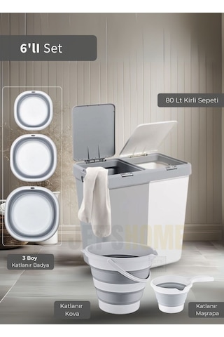 Jet's Home 6'lı Banyo Seti Çamaşır Sepeti Katlanır Badya Katlanır Kova Katlanır Maşrapa Bpa Free Beyaz - Gri