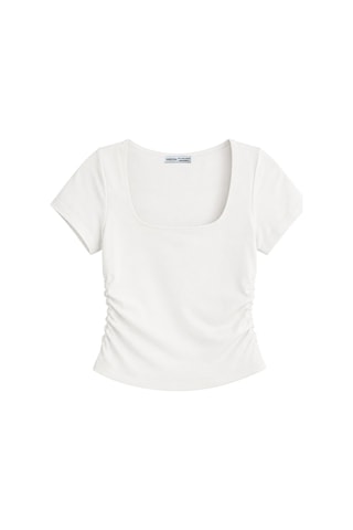 Vadon 1006 Kadın Pamuklu Kare Yaka Yan Büzgü Detaylı Basic Crop T-shirt Bluz Beyaz