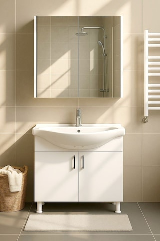 Makbulce 80 Cm Beyaz Mdf Seramik Lavabolu Ayaklı Aynalı Banyo Dolabı Beyaz